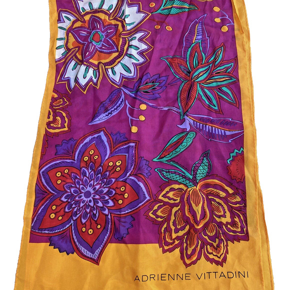 Adrienne Vittadini Silk Scarf Long Rectangle Fringe Ends Mod Flowers Purple Gold - Picture 3 of 7